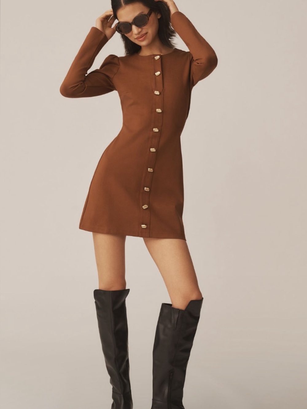 Reformation Brown Long-Sleeve Button-Front Mini Dress